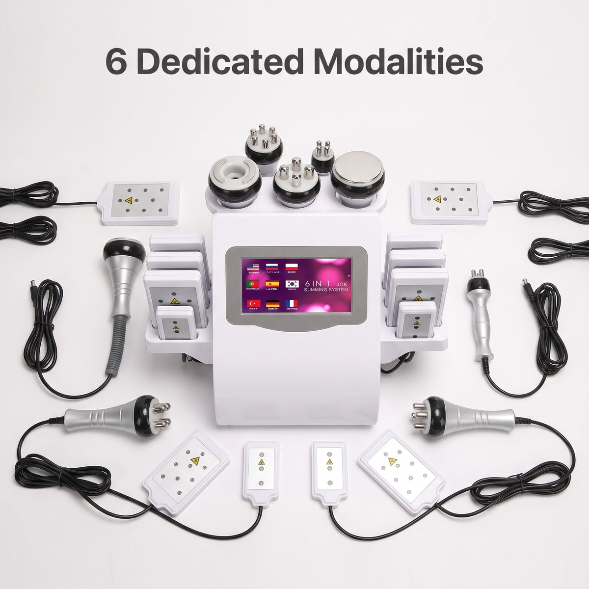 Complete Litevisage 6-in-1 body contouring station display with 5 ergonomic handpieces, 8 lipo laser pads, and mounting straps.
