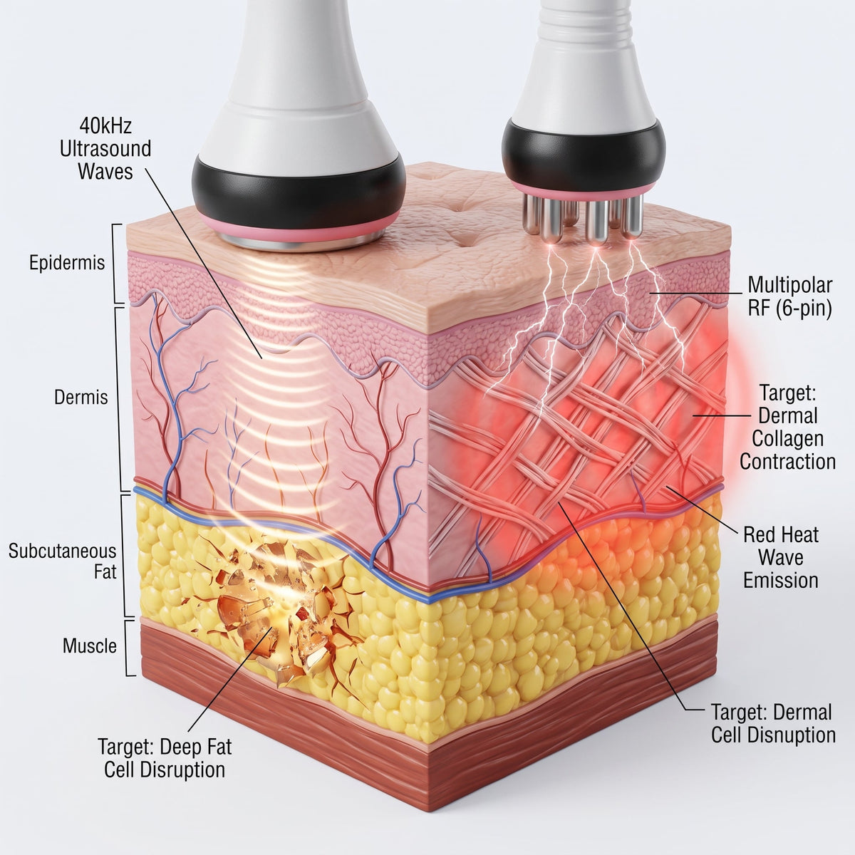 Clinical diagram showing 40kHz acoustic waves targeting subcutaneous fat and RF targeting the dermal layer.