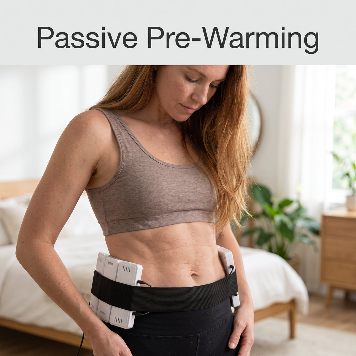 Hands-free 635nm red diode lipo laser pads strapped securely across the abdomen for a 20-minute tissue pre-warming routine.