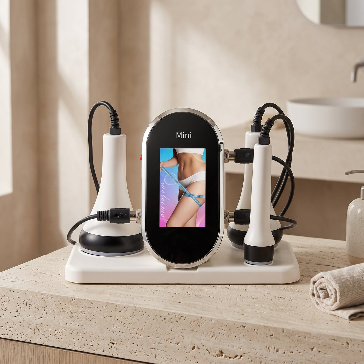 Litevisage 3-in-1 console and three handpieces on a minimalist vanity.