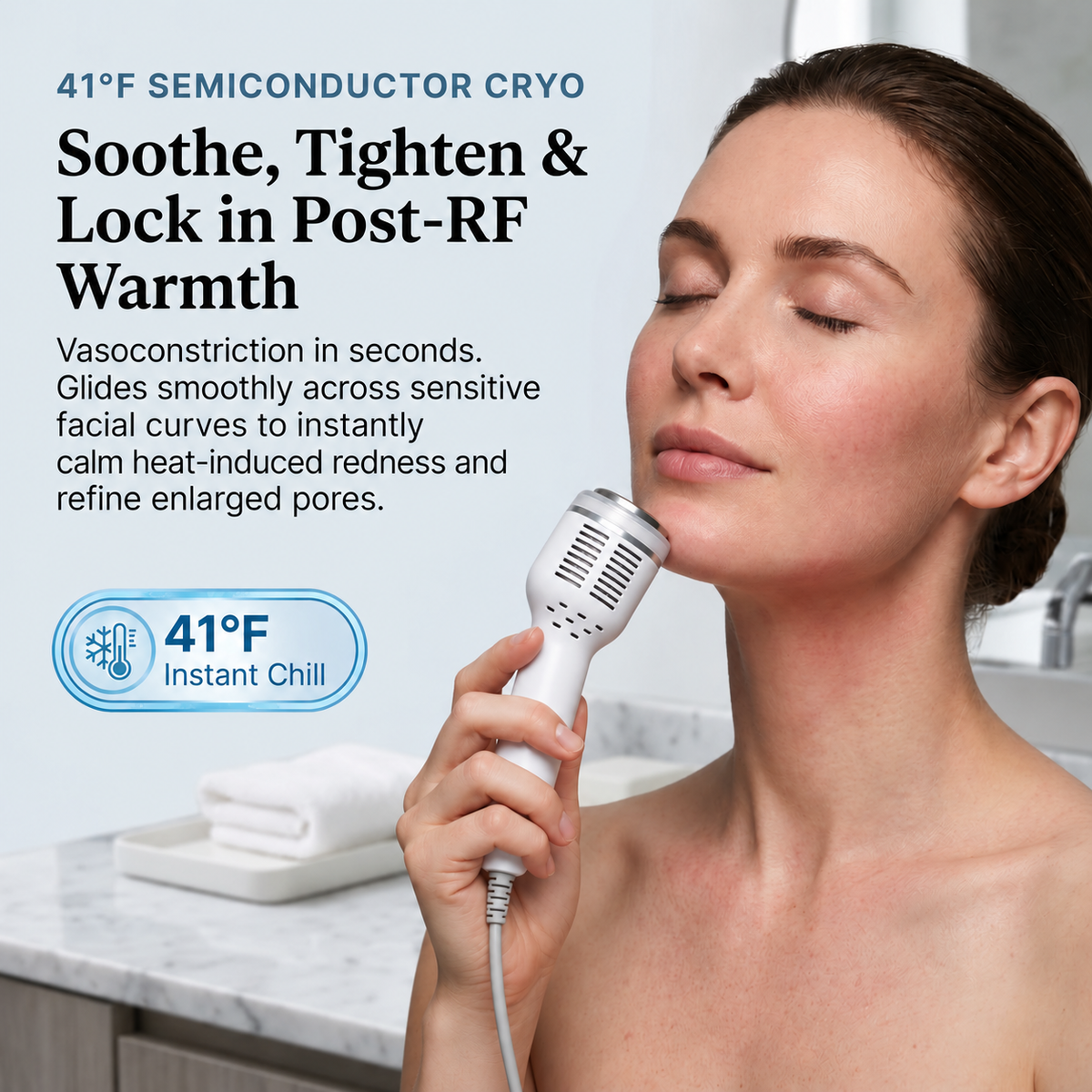 Close-up of model applying the Litevisage 9-in-1 cryo ice hammer to calm facial redness and refine pores after radiofrequency treatment.