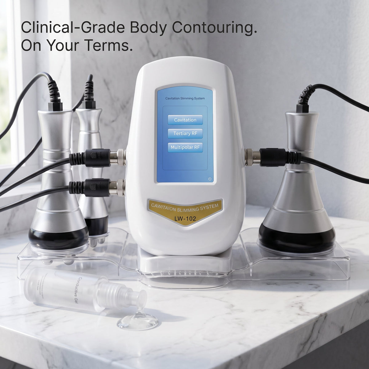 Litevisage clinical-grade body contouring system displayed on a white marble countertop, featuring three treatment handpieces and a bottle of conductive gel.