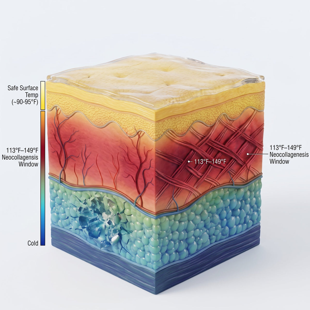 Infographic displaying the 113 to 149 degrees Fahrenheit optimal dermal thermal window for neocollagenesis.