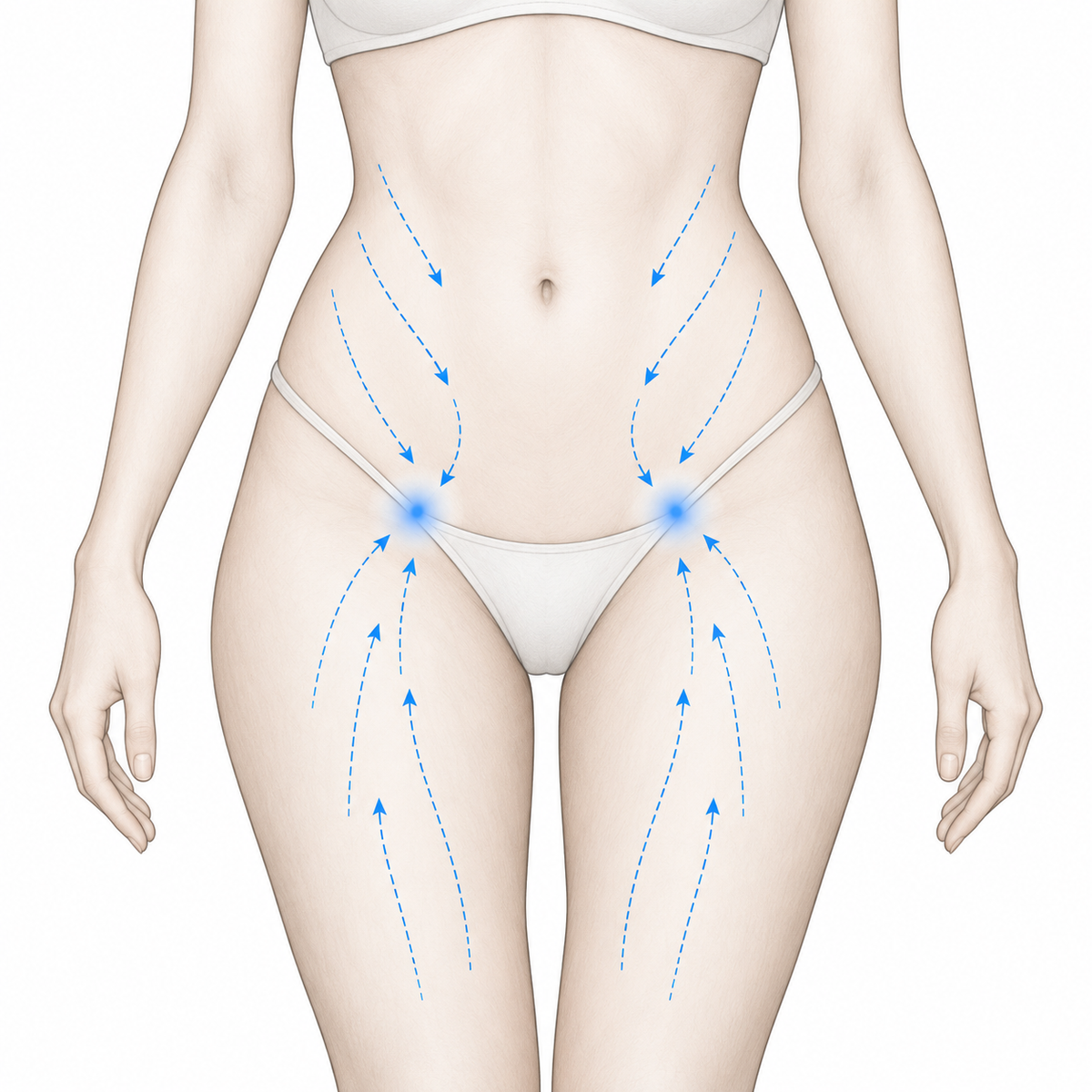 Directional mapping of abdominal and thigh lymphatic drainage pathways toward regional lymph nodes.