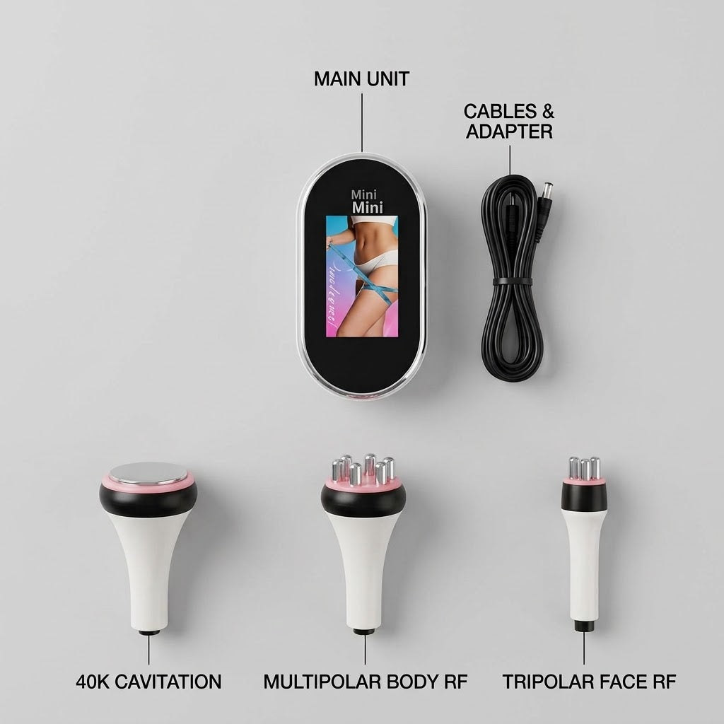 Flat lay presentation of the Litevisage 3-in-1 system including Cavitation, Body RF, and Face RF handpieces.