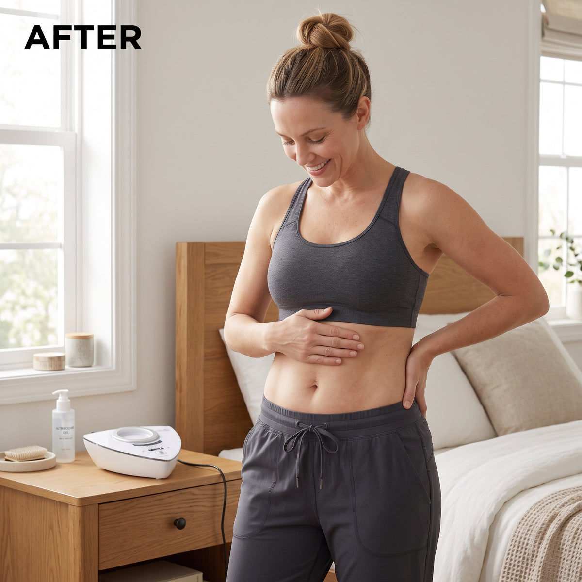 Woman showing a toned and firmer abdomen profile after a consistent 40K ultrasonic cavitation routine.