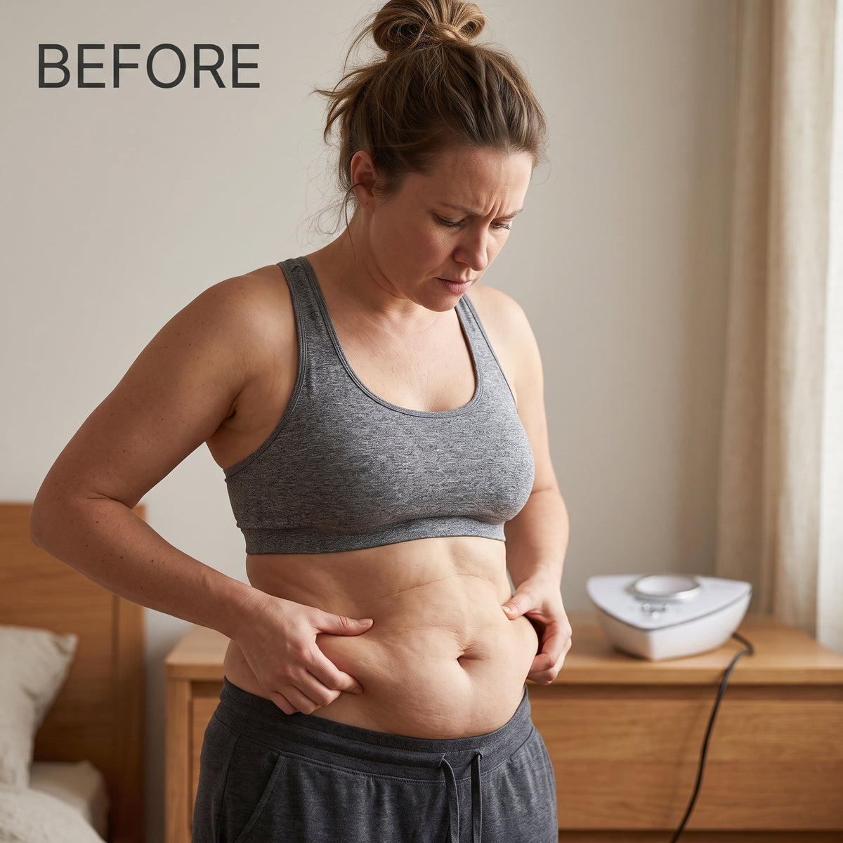 Woman assessing stubborn abdominal skin and belly fat before using the 40K cavitation machine at home.