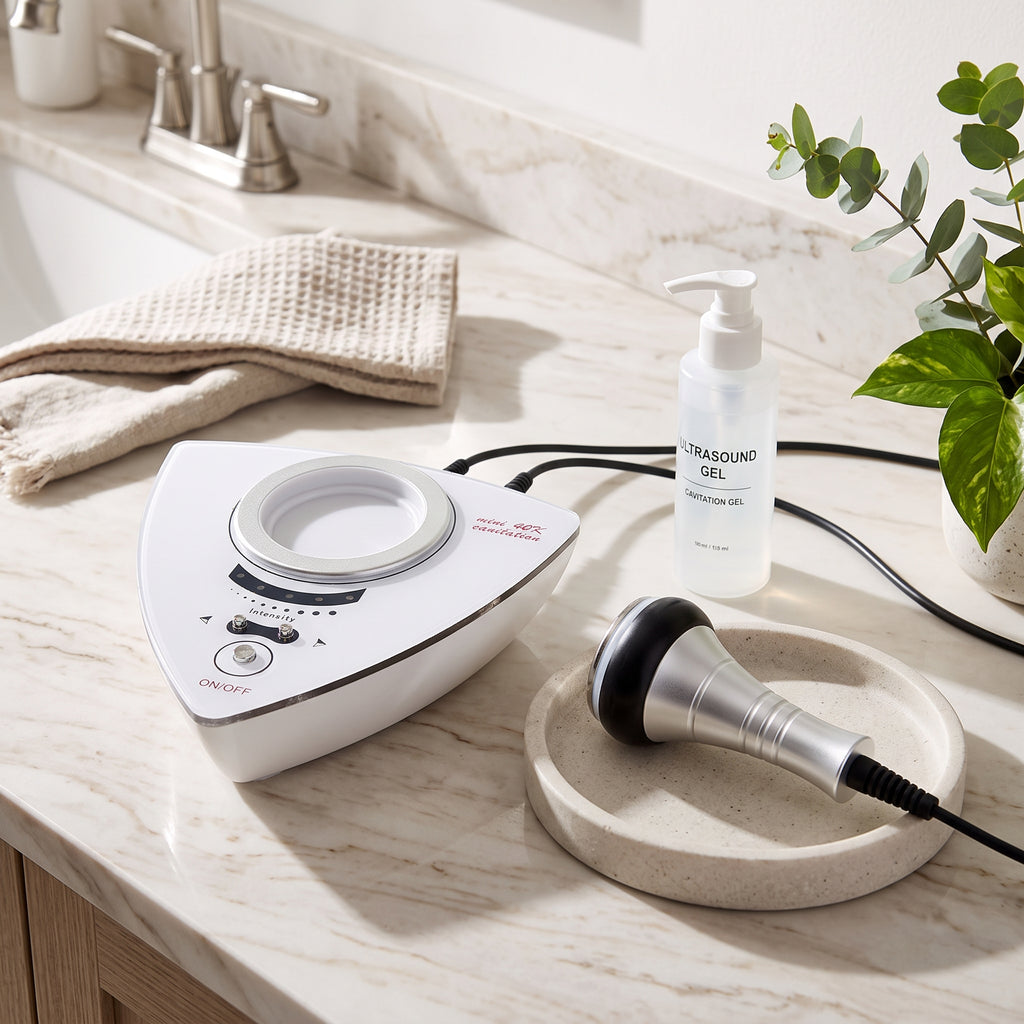 Triangular 40k ultrasonic cavitation device setup on a modern bathroom vanity.