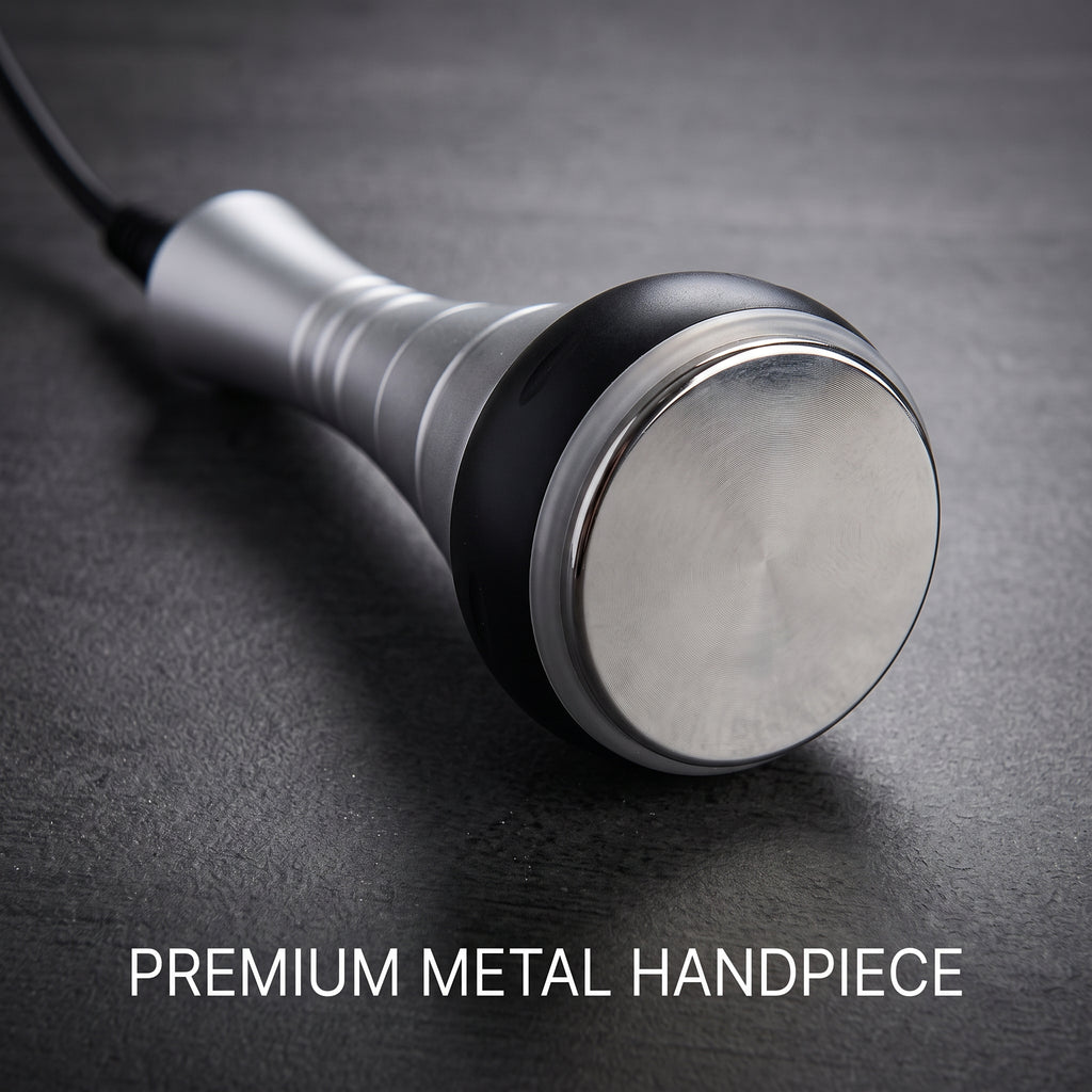 Close-up of the 40K ultrasonic cavitation metal body handpiece with flat contact surface