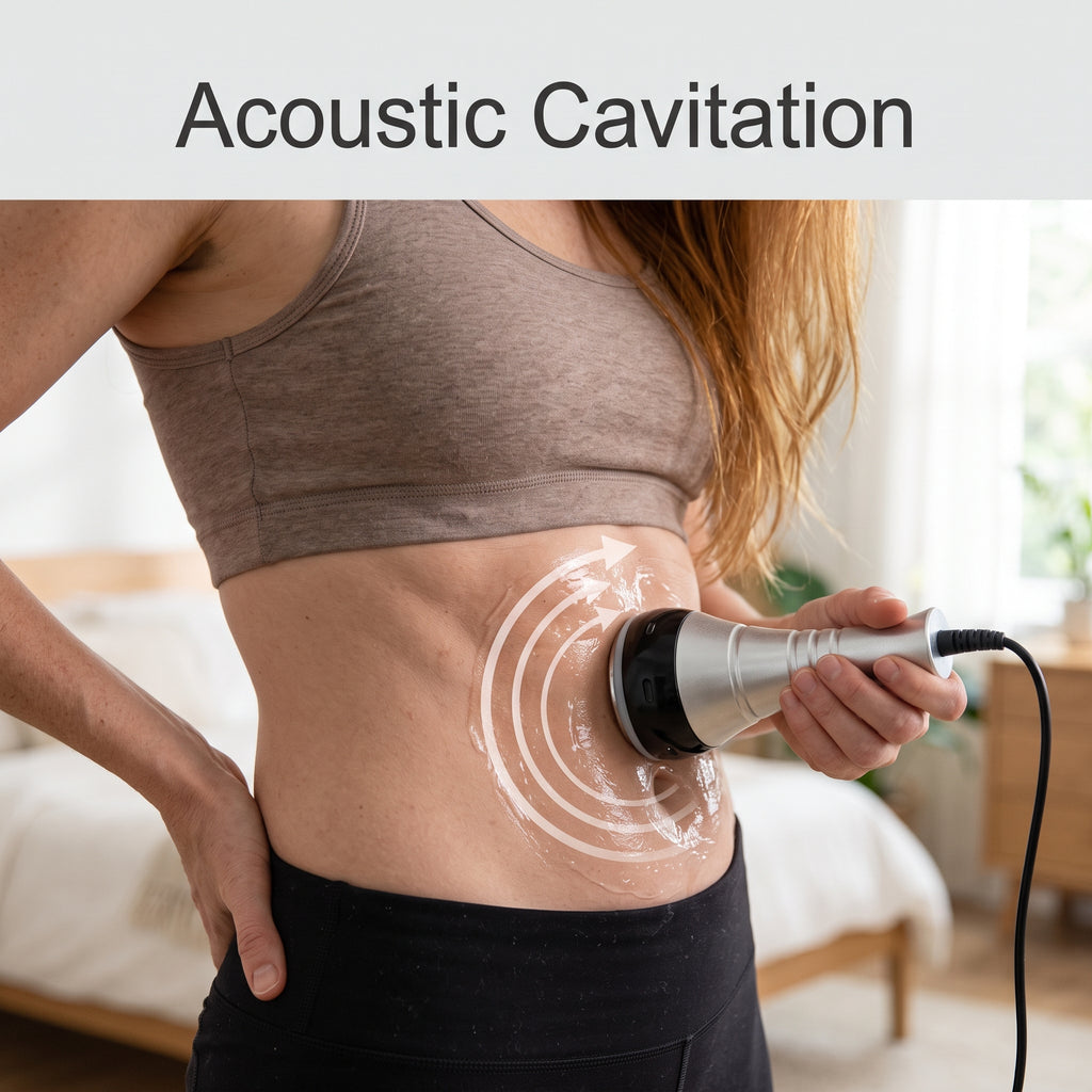 Gliding the 40kHz acoustic cavitation probe flat against the waist fold in slow, continuous circular contouring passes.
