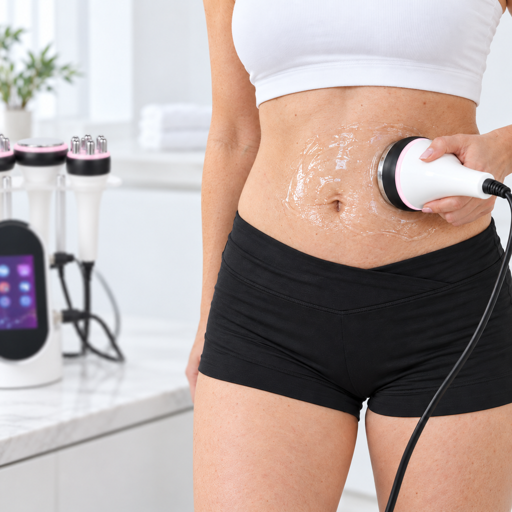 Applying the 40kHz ultrasonic cavitation probe at a strict 90-degree angle on the abdomen with conductive gel.