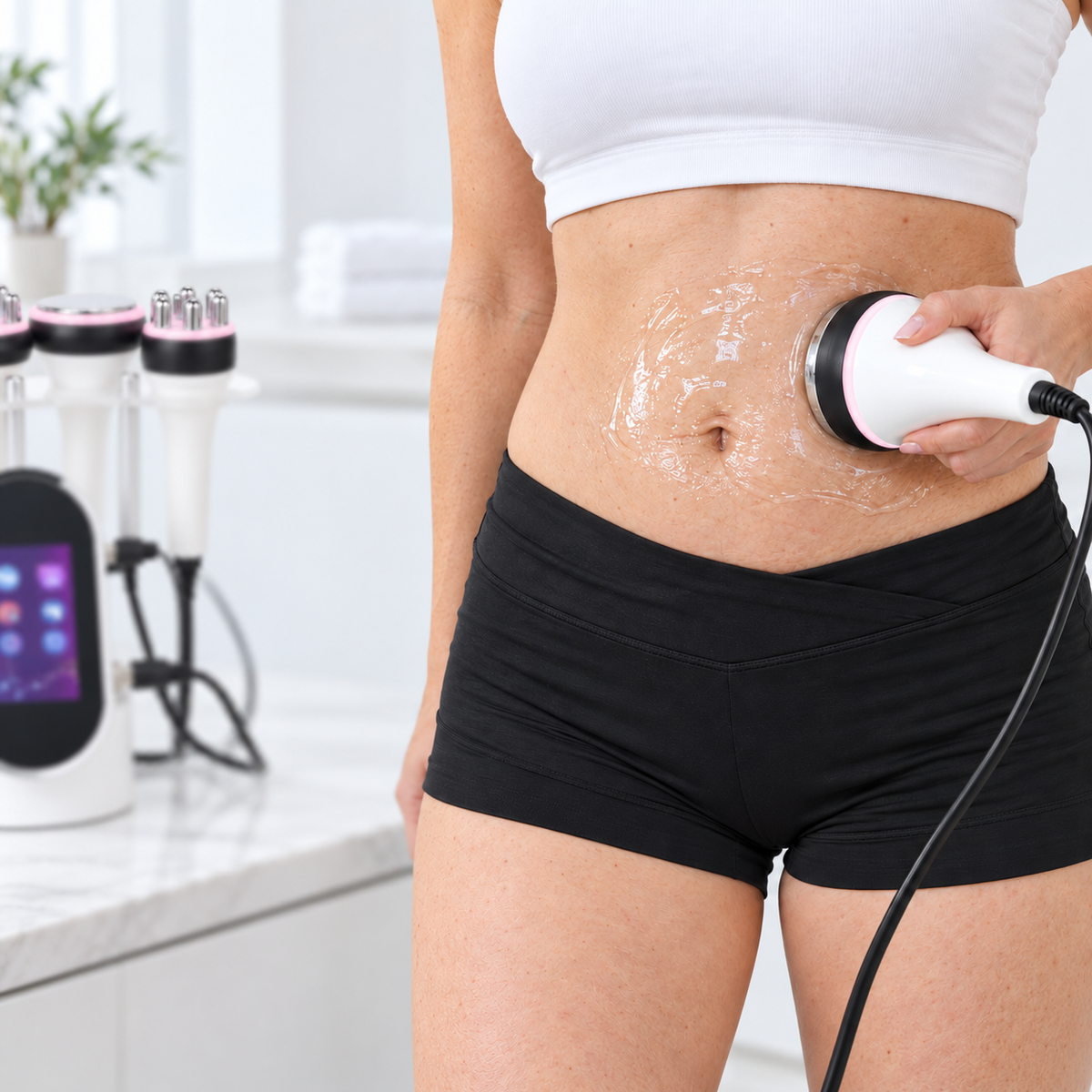 Applying the 40kHz ultrasonic cavitation probe at a strict 90-degree angle on the abdomen with conductive gel.