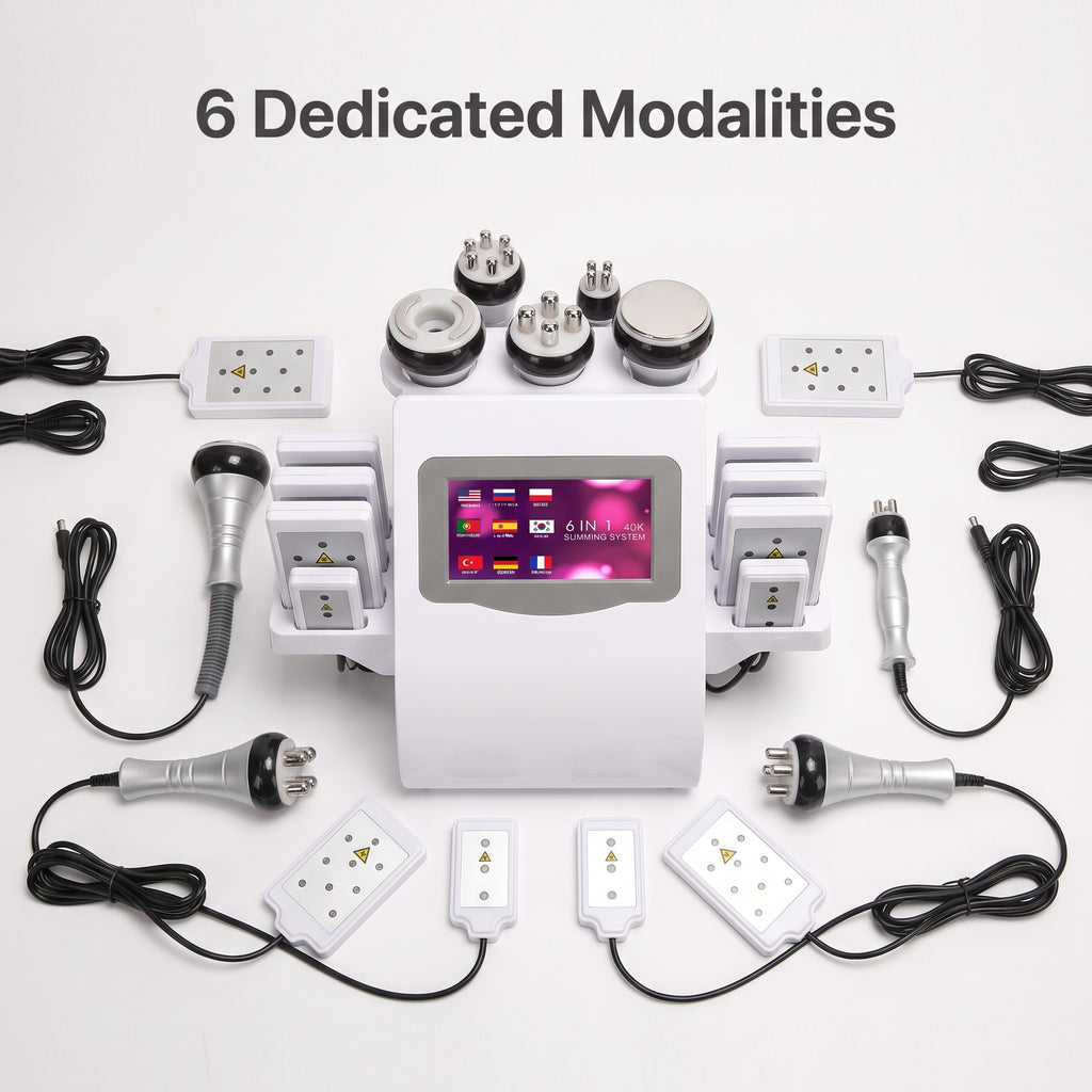 Complete Litevisage 6-in-1 body contouring station display with 5 ergonomic handpieces, 8 lipo laser pads, and mounting straps.