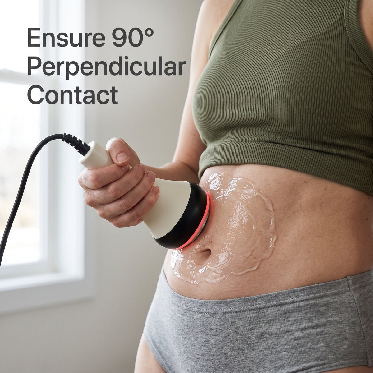 Holding the 80K cavitation probe at a strict 90-degree perpendicular angle to the abdomen.