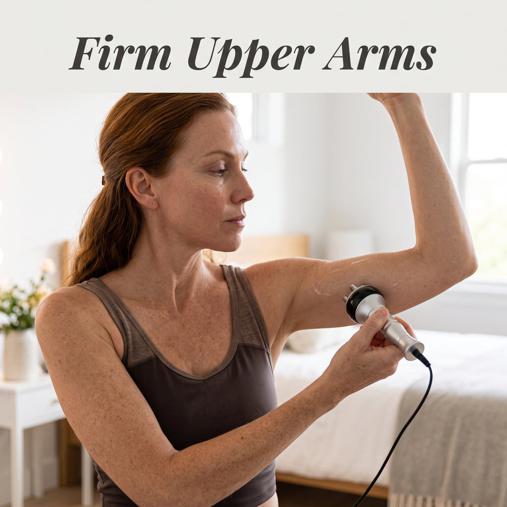 Smoothing loose skin on the posterior upper arm tricep fold with targeted radiofrequency gliding motions.