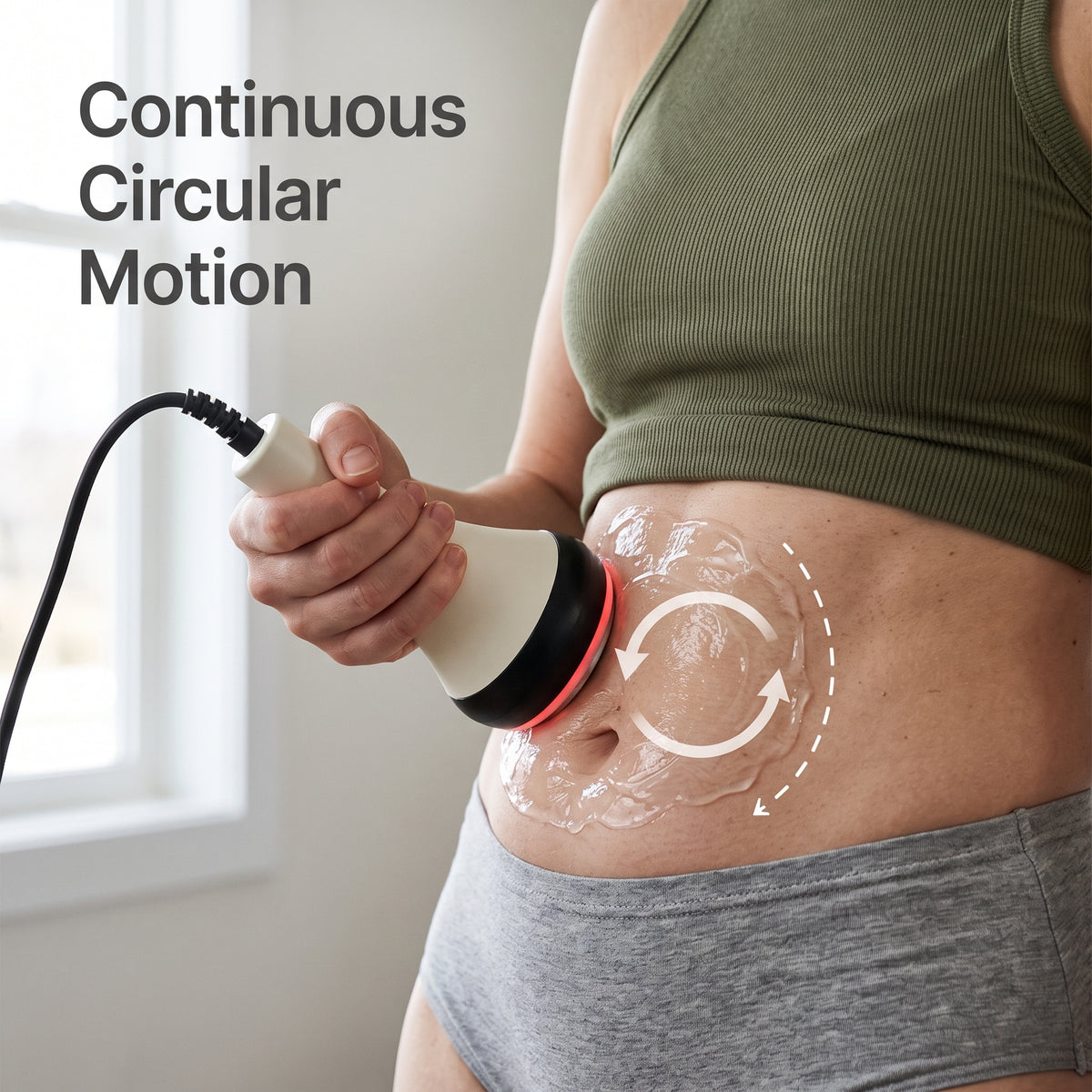 Gliding the cavitation handpiece in continuous clockwise circles on the stomach.