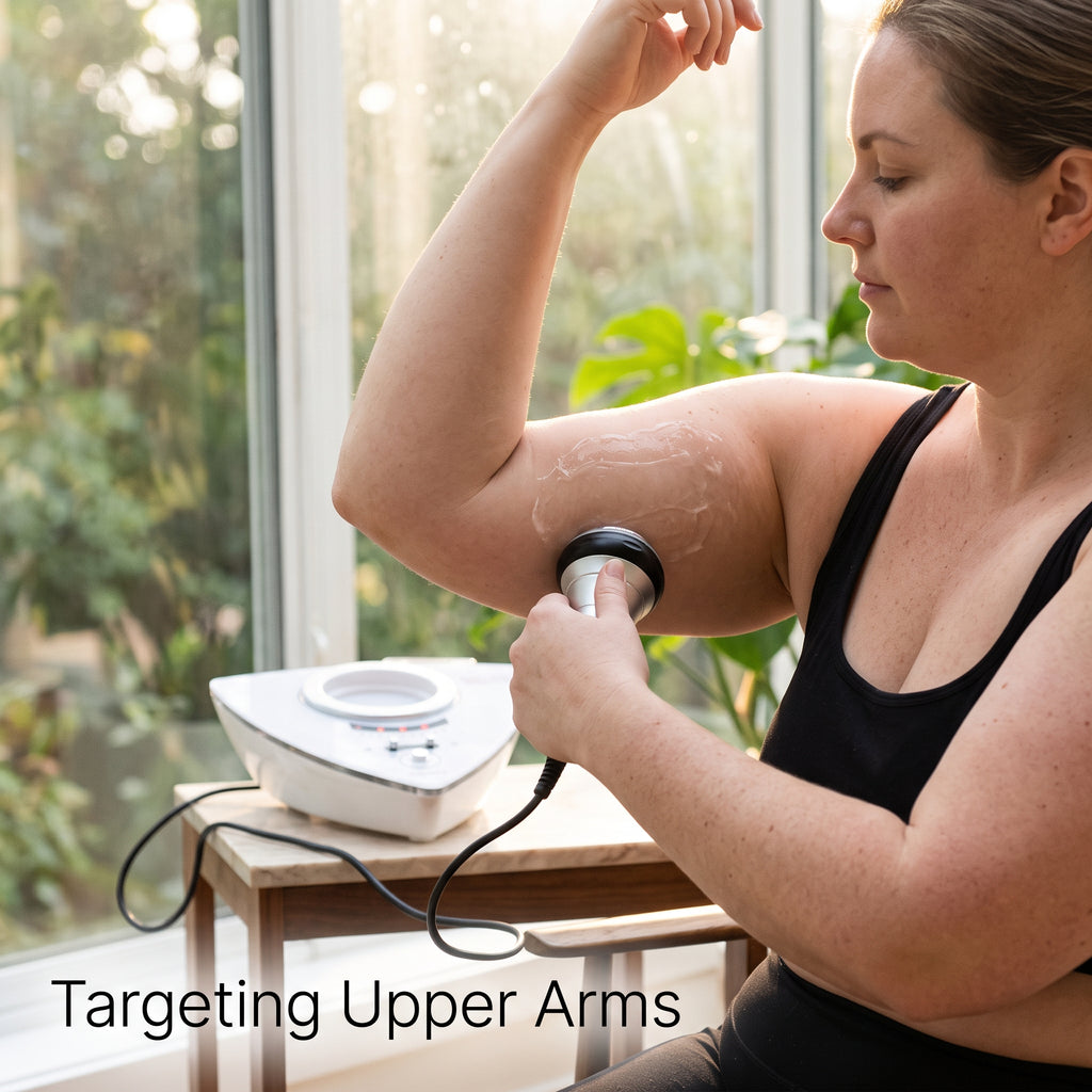 Targeted cavitation machine treatment on the upper arm tricep area.