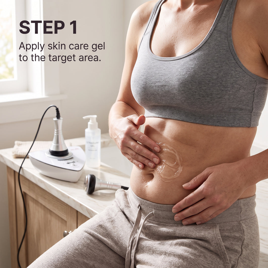 Step 1 applying skin care conductive gel before cavitation treatment.
