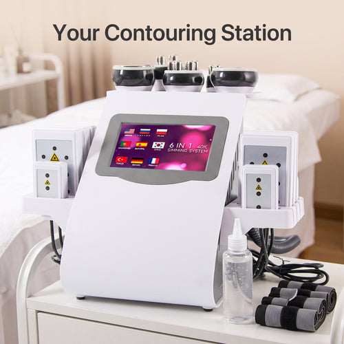 Treatment preparation station featuring the Litevisage console, clear ultrasound conductive gel, and sanitized RF probes.