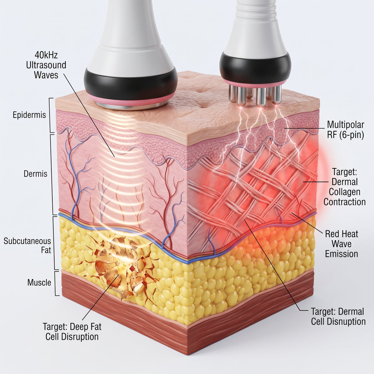 Clinical diagram showing 40kHz acoustic waves targeting subcutaneous fat and RF targeting the dermal layer.