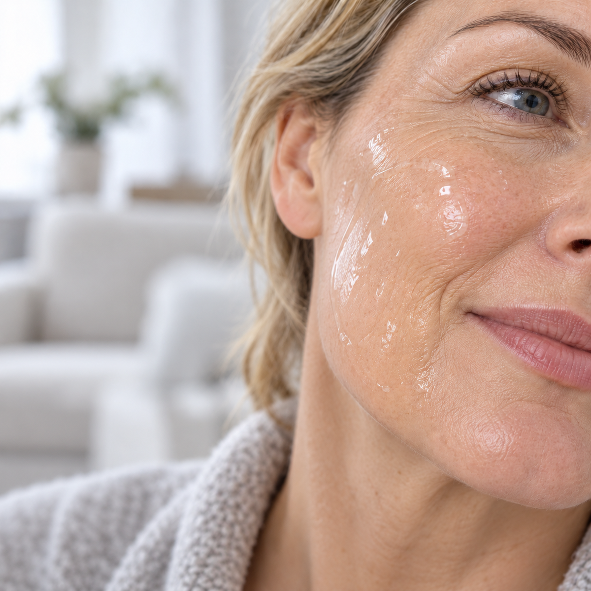 A generous layer of clear conductive ultrasound gel applied to the skin prior to body contouring treatment.