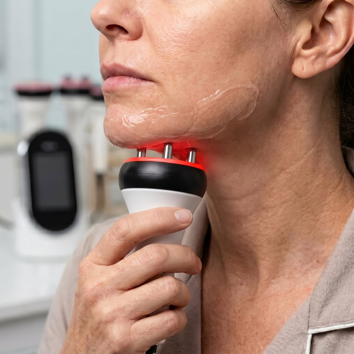 Using the dedicated facial RF probe along the jawline for a targeted at-home skin tightening routine.