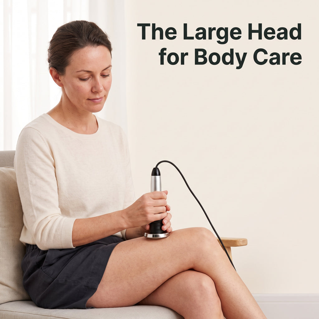 Woman seated beside the Litevisage P10, holding the large body RF head near her outer thigh.