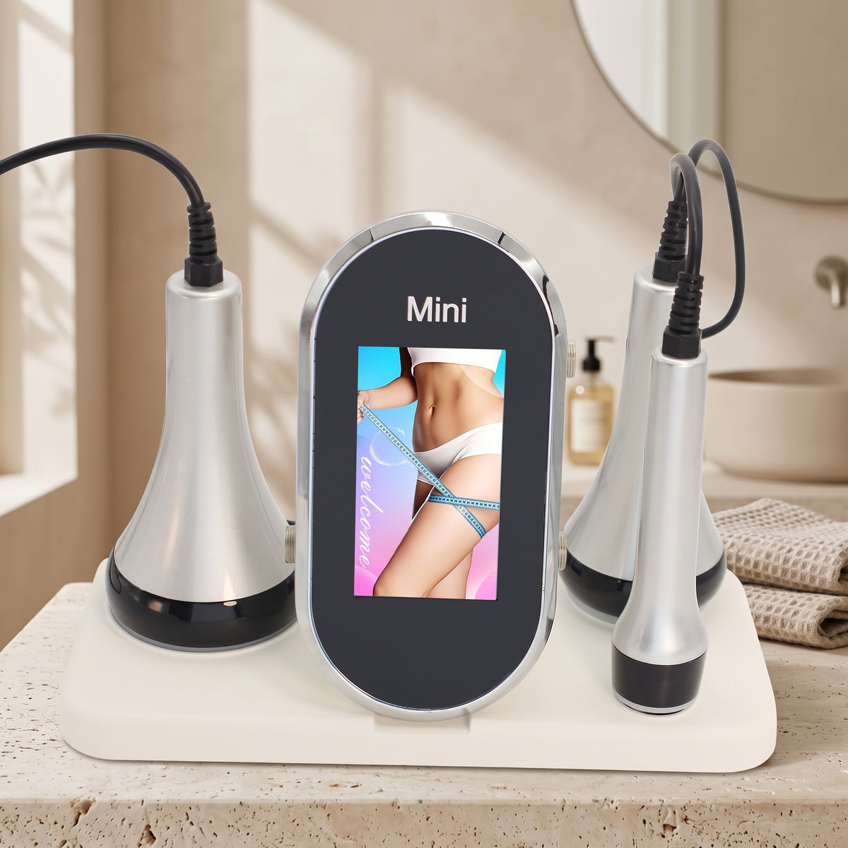 Litevisage 3-in-1 device in standby mode on a bathroom vanity.