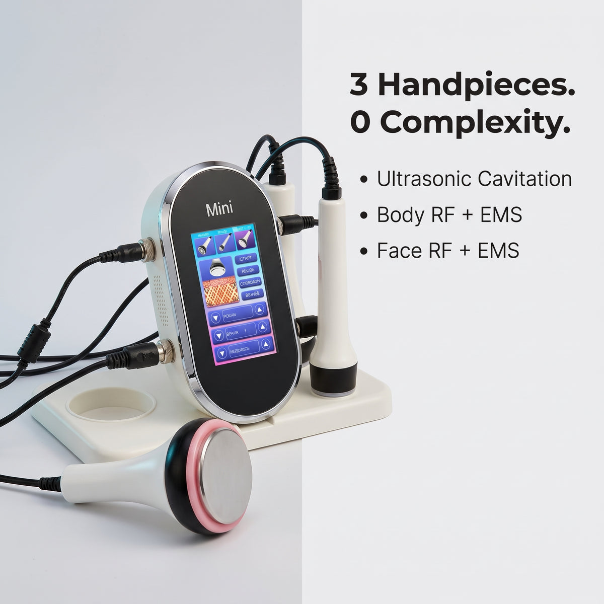 Infographic detailing the Cavitation, Body RF, and Face RF features of the Litevisage 3-in-1 system.