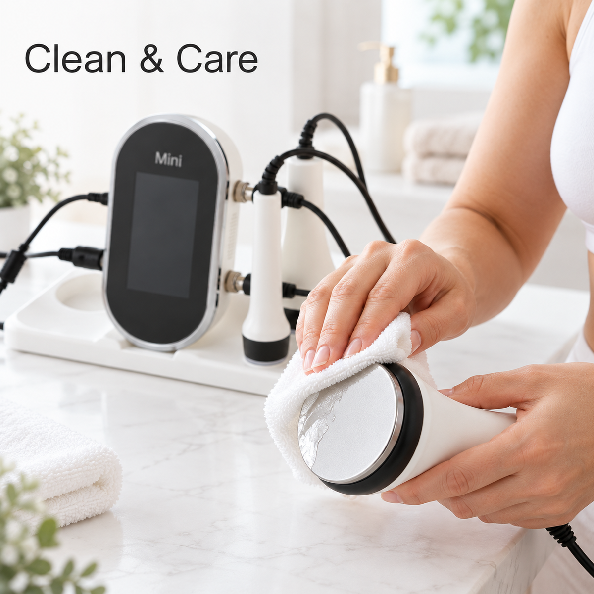 Wiping the cavitation handpiece clean with a soft cloth after completing the body-care routine.