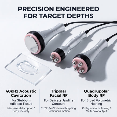 Precision engineered handpieces guide featuring 40kHz acoustic cavitation, tripolar facial RF, and quadrupolar body RF.