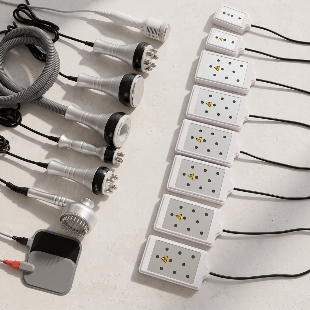Flat lay display of all 9 attachments including 8 lipo laser pads, cold hammer, EMS electrode pads, and RF probes included in the 9-in-1 cavitation suite.