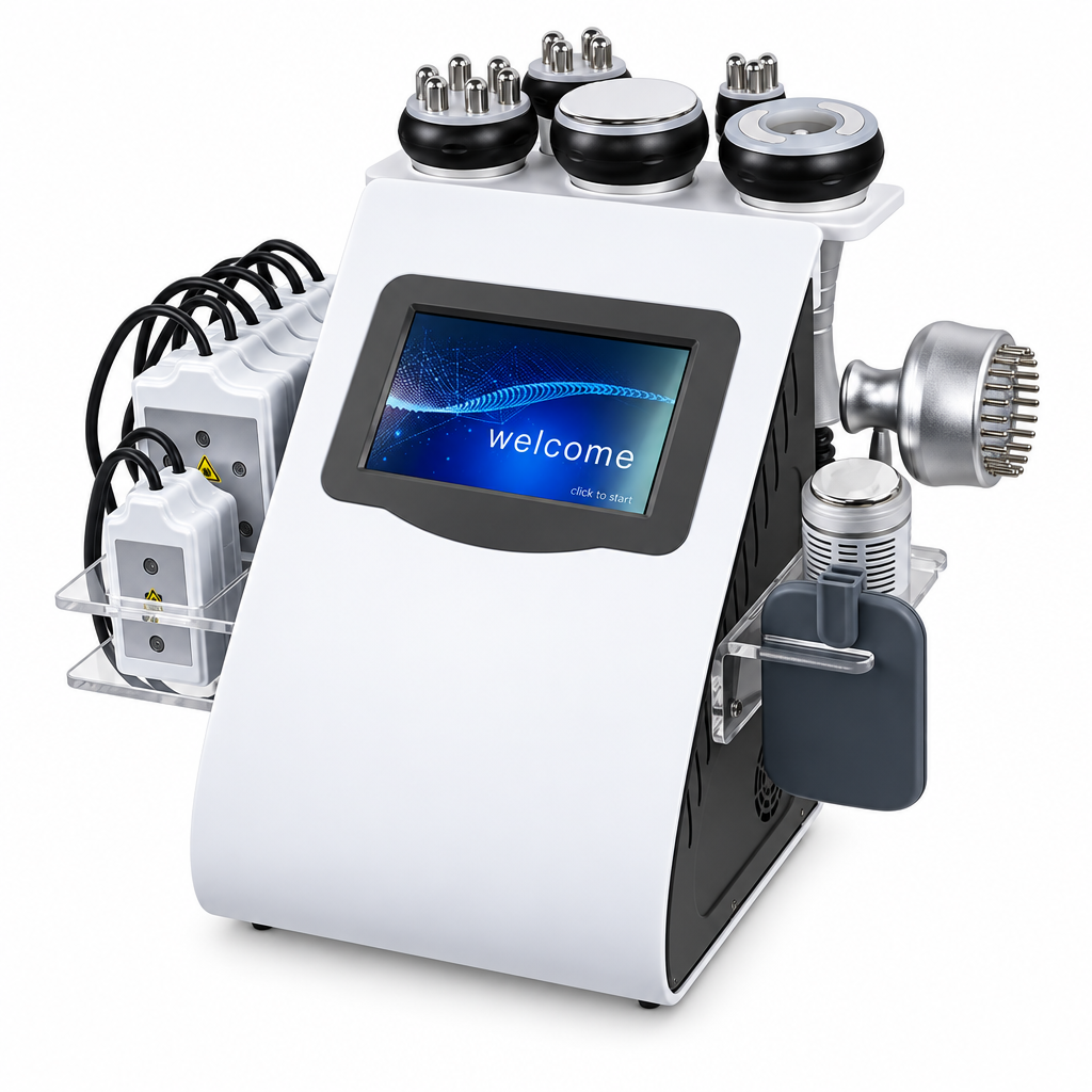 Studio front-three-quarter view of the Litevisage 9-in-1 cavitation master console with touch screen and acrylic handpiece organizers on pure white background.