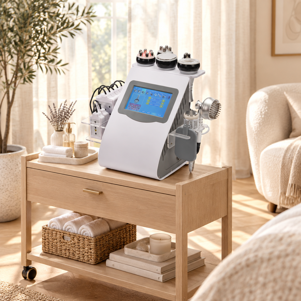 Litevisage 9-in-1 master cavitation machine stationed on a natural oak mobile spa trolley in a sunlit minimalist home wellness suite.