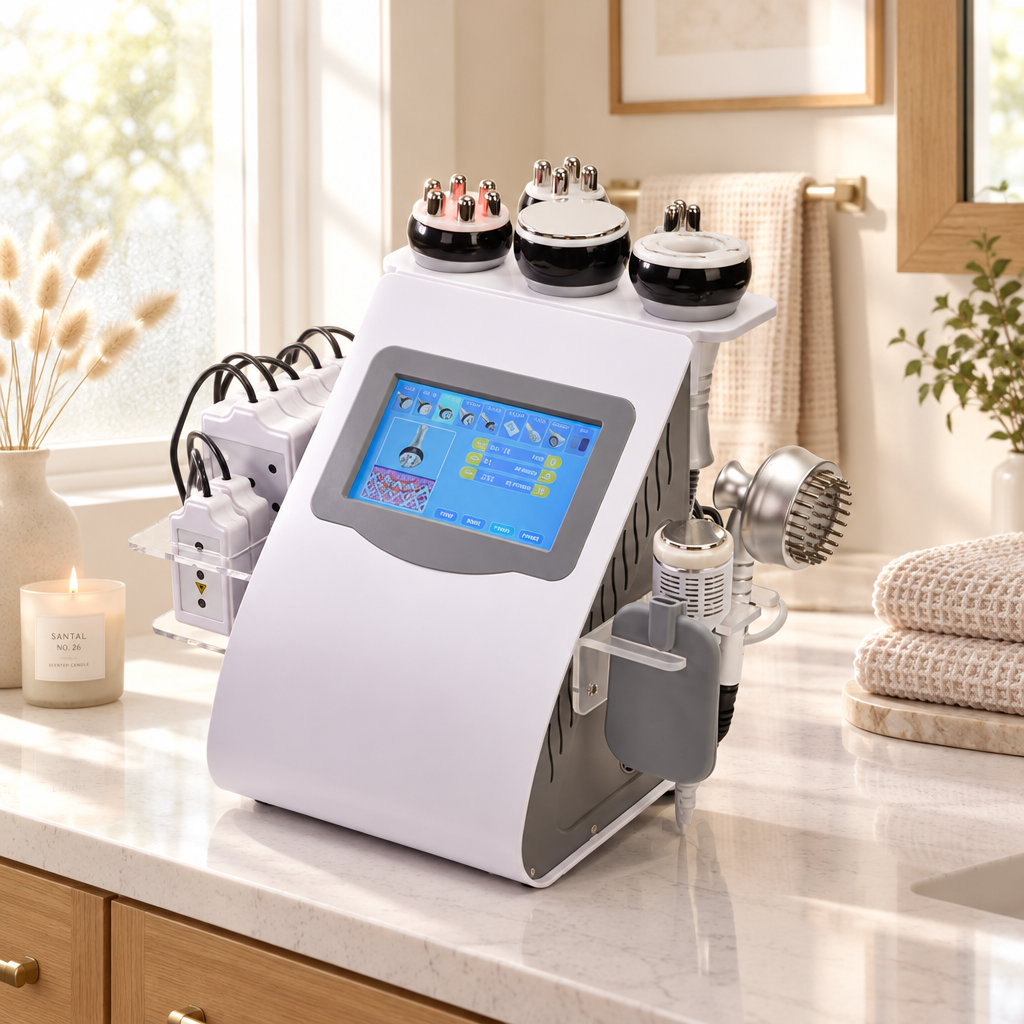 Litevisage 9-in-1 master cavitation and cryotherapy station positioned on a luxury white marble vanity beside candles and rolled towels.
