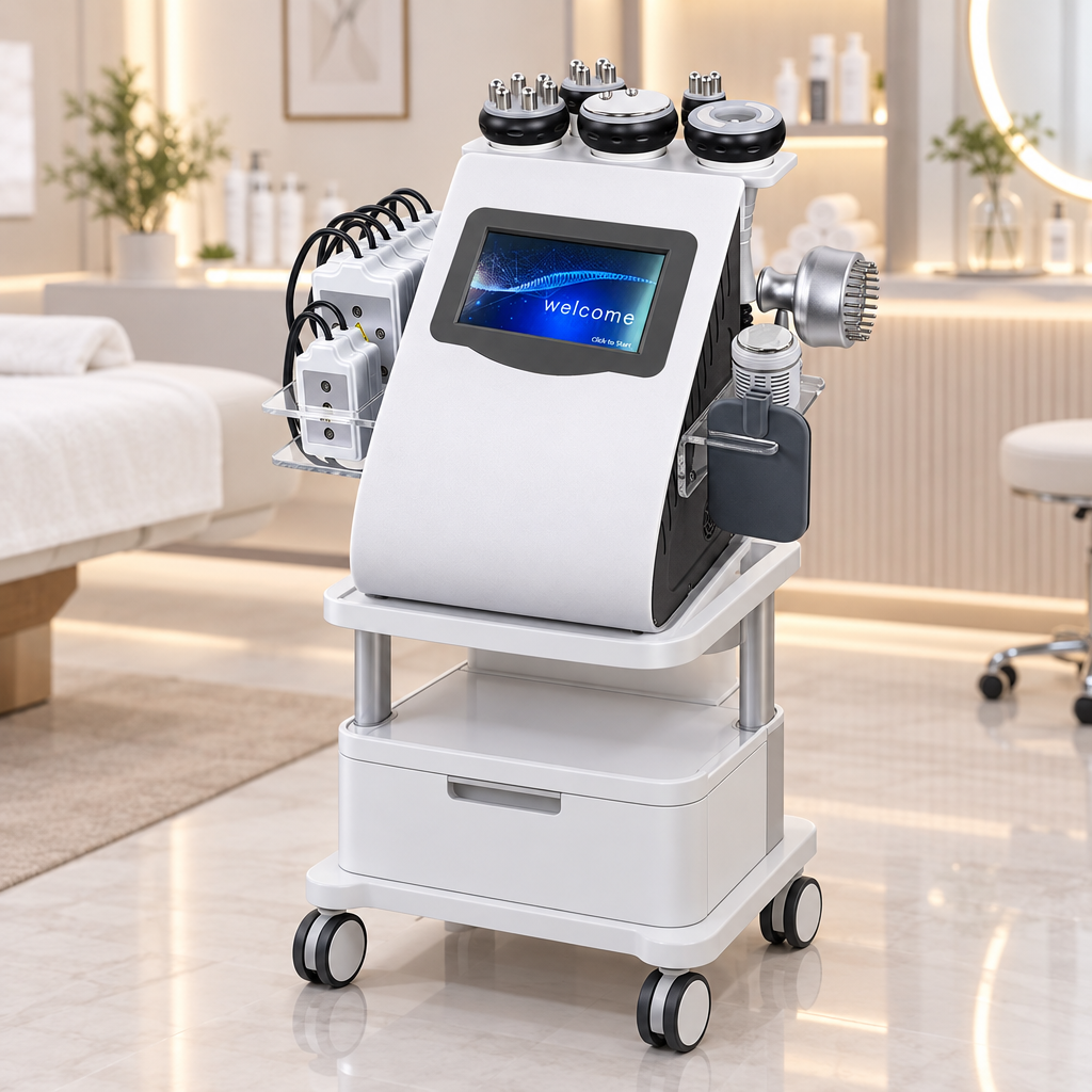 Litevisage 9-in-1 master cavitation and cryo station setup on a white rolling salon cart inside a luxury aesthetic wellness studio.