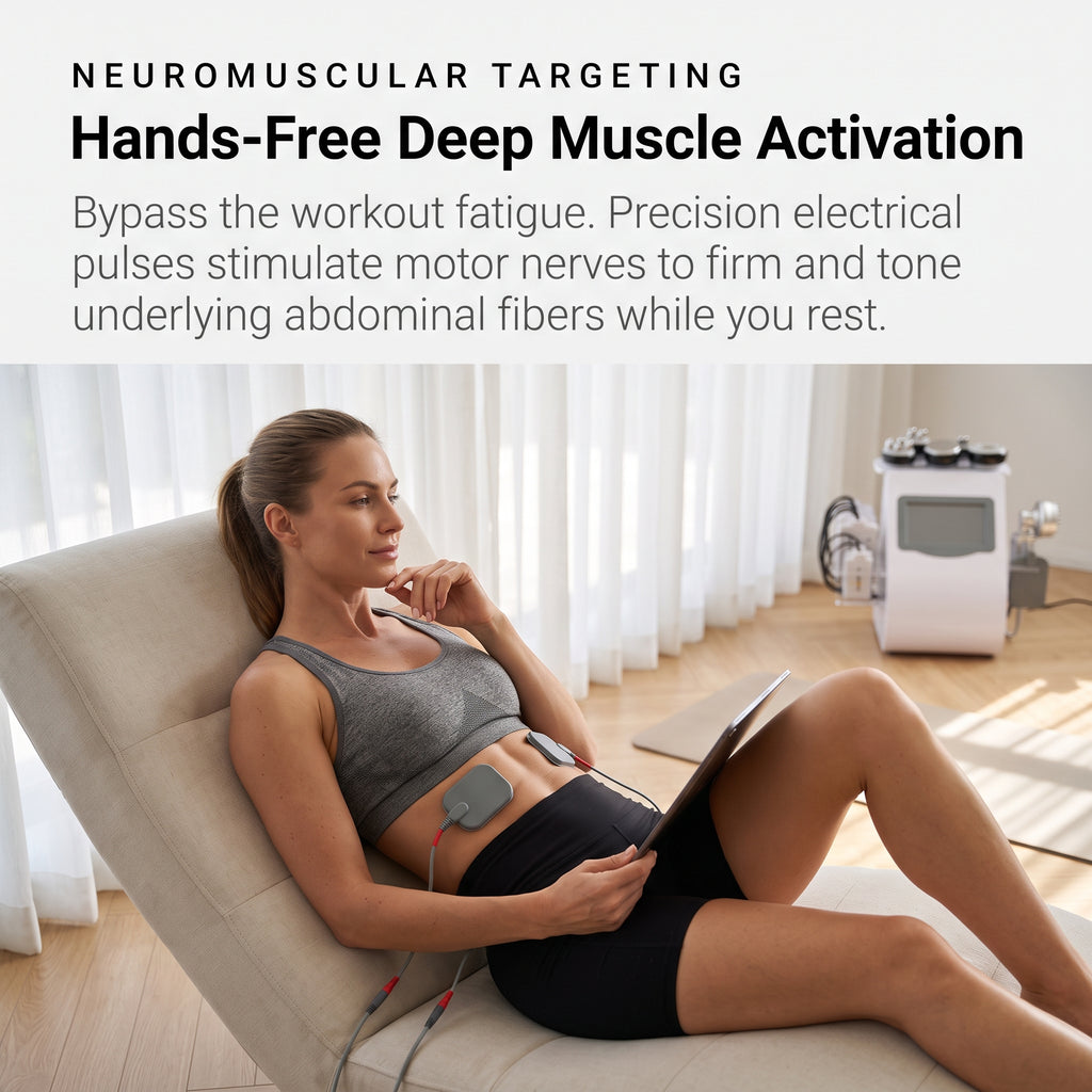 Model using Litevisage 9-in-1 EMS body pads for hands-free abdominal muscle stimulation and toning in a serene home studio.