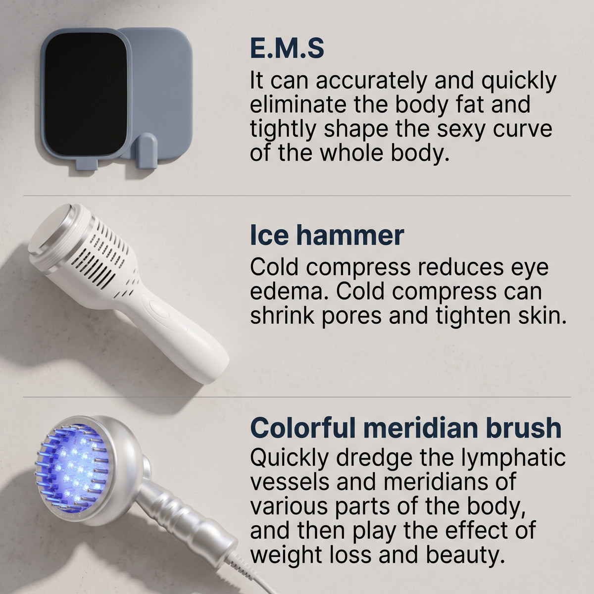 Feature breakdown of the Litevisage 9-in-1 semiconductor cryo cold hammer, EMS pads, and LED meridian brush.
