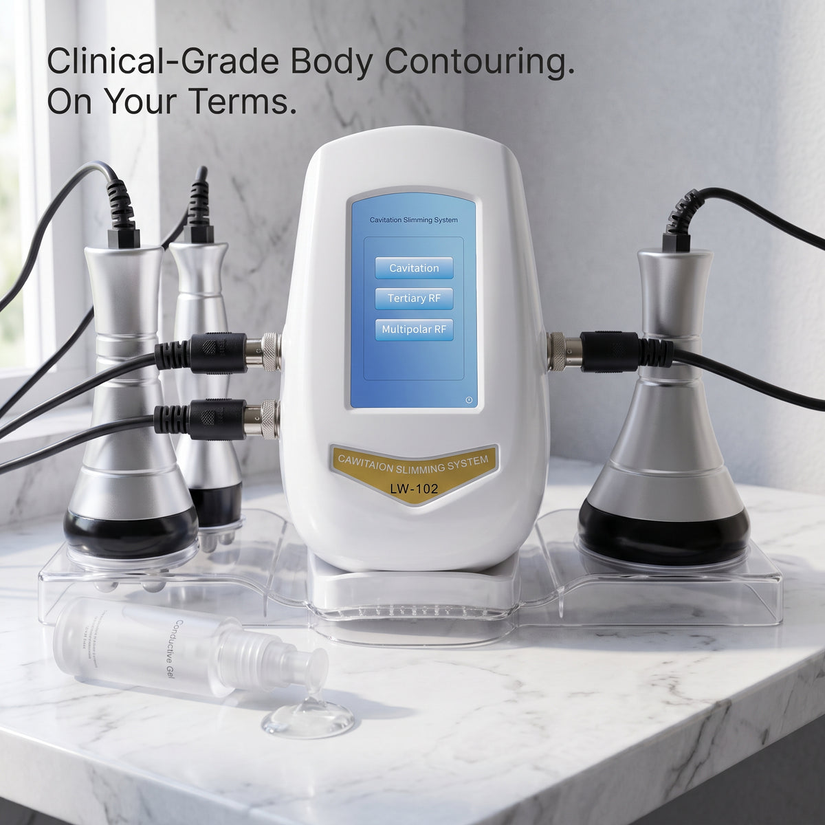 Litevisage clinical-grade body contouring system displayed on a white marble countertop, featuring three treatment handpieces and a bottle of conductive gel.