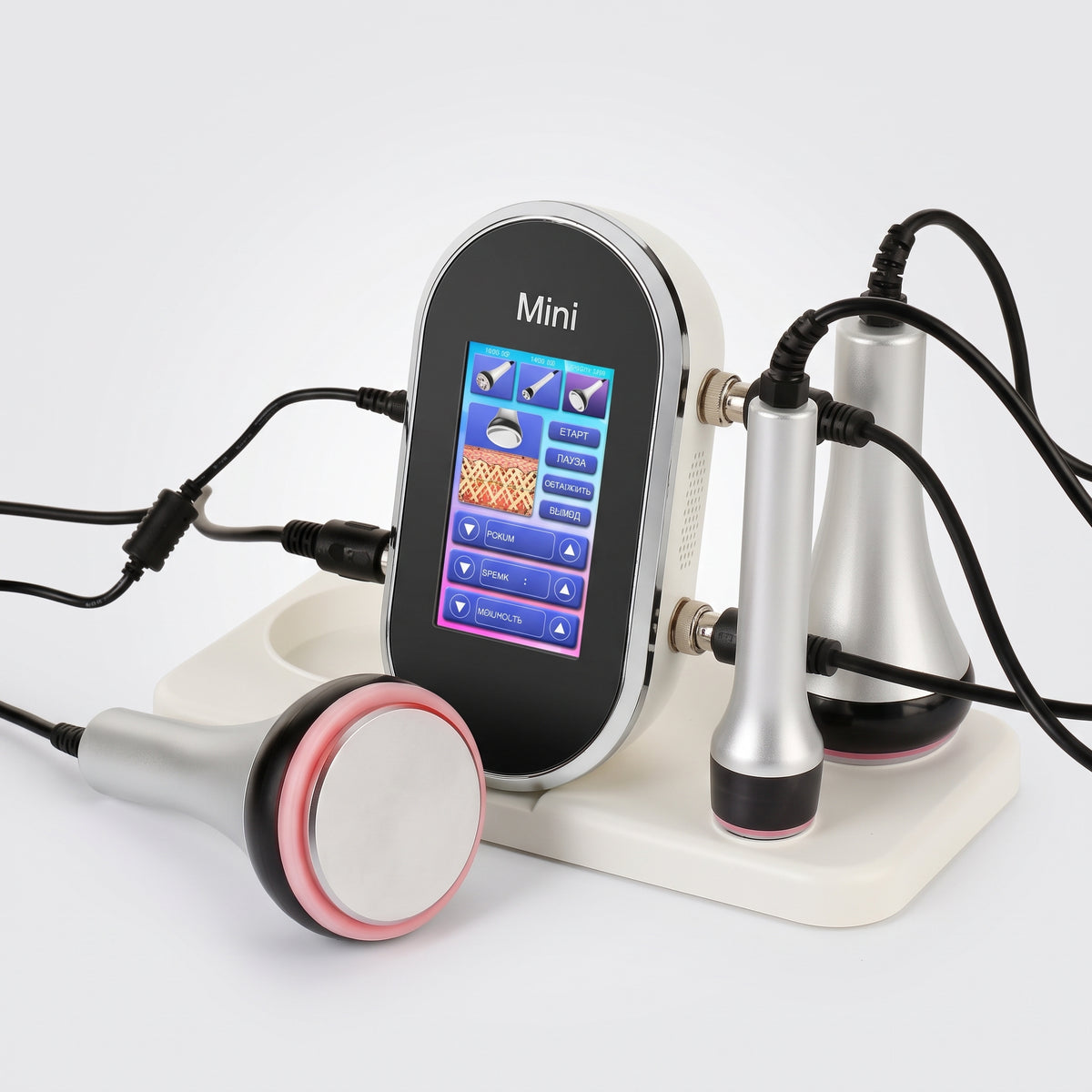 Studio setup of Litevisage mini cavitation machine and multi-polar RF handpieces on white background.
