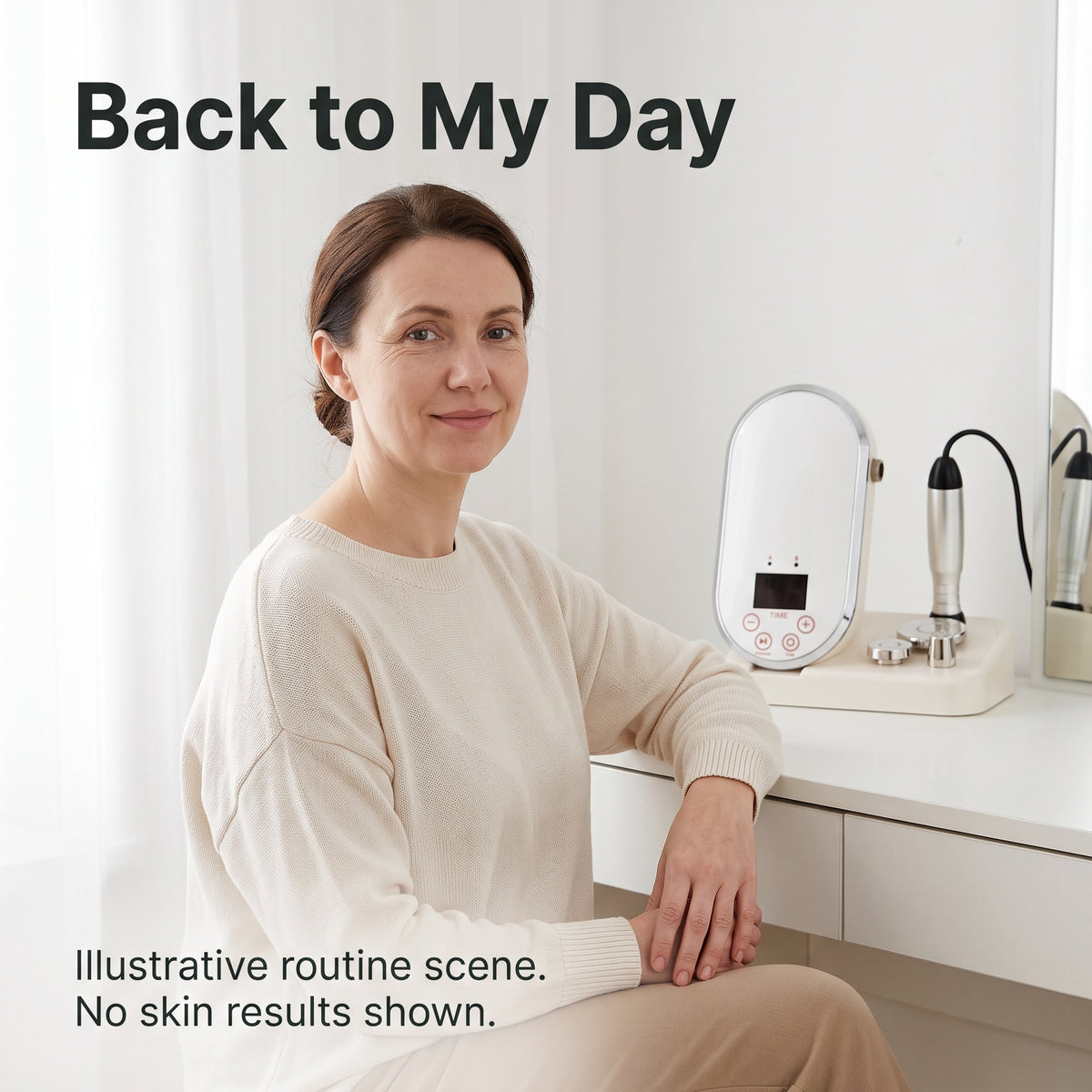 The same woman smiling after completing the mirror-panel RF skincare routine.