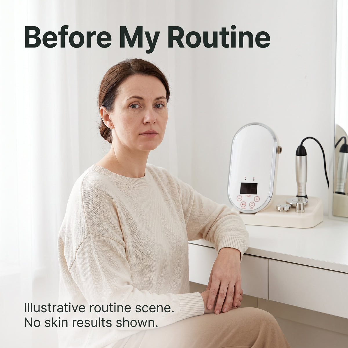 Woman with a neutral expression before beginning the mirror-panel RF routine.