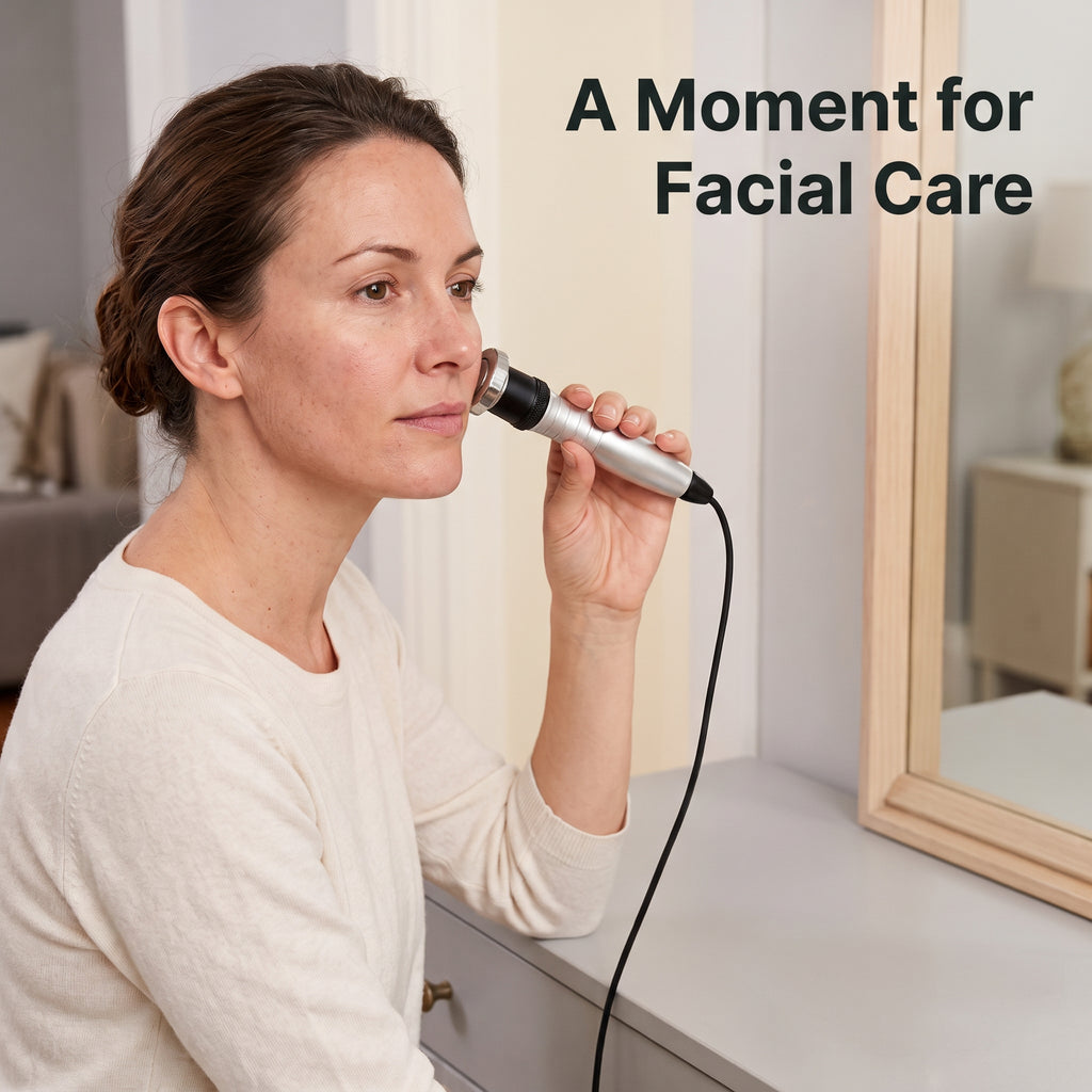 Woman holding the Litevisage P10 medium facial RF head near her cheek at a bedroom vanity.