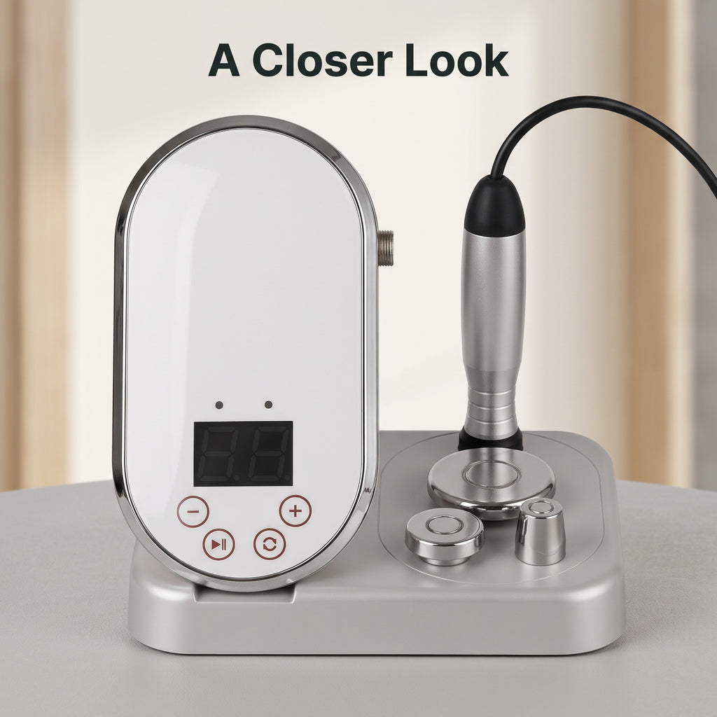 Close-up of the Litevisage P10 mirror panel, control markings and silver-and-black handpiece.