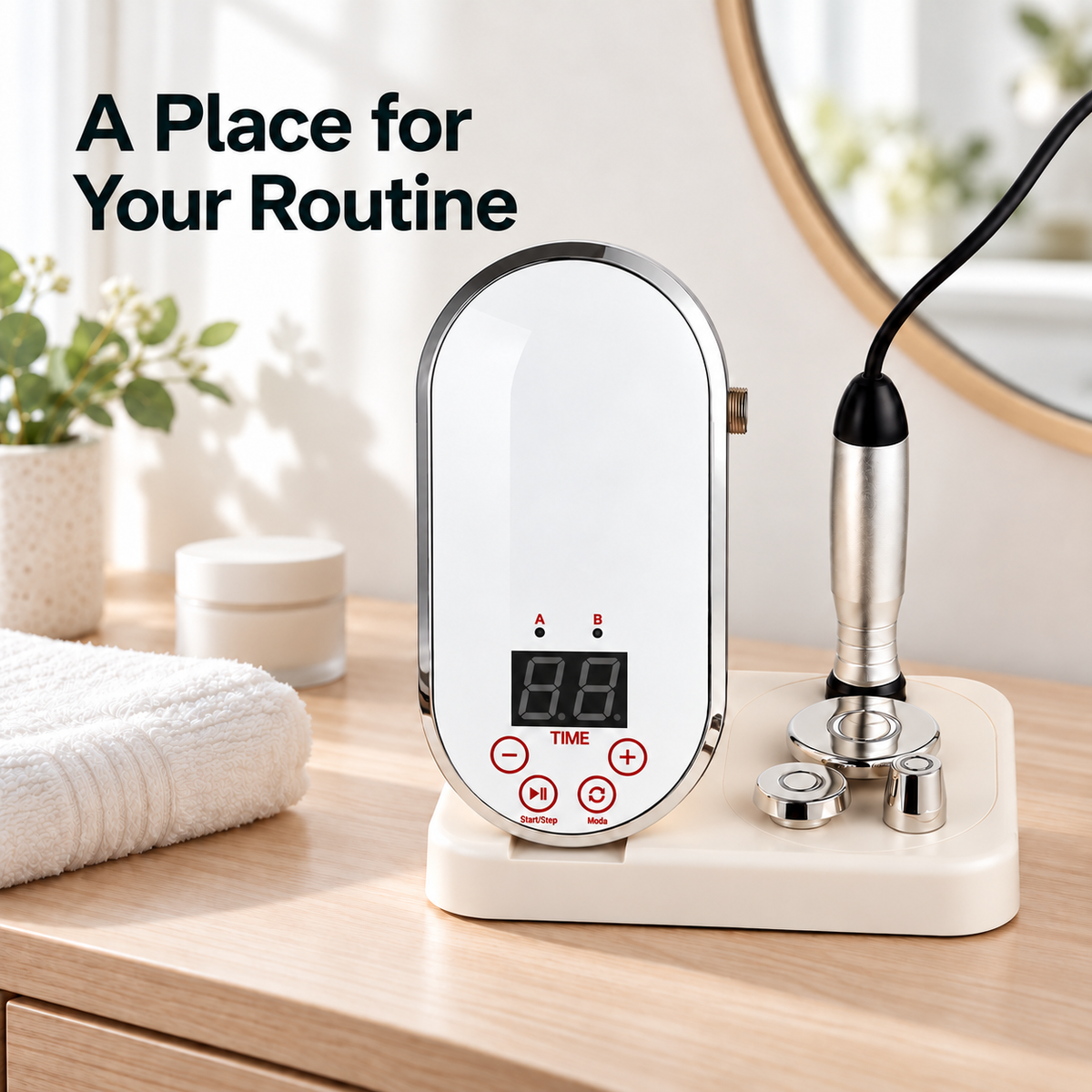 Litevisage P10 RF device on a light wood vanity beside a folded towel in a bright bedroom.