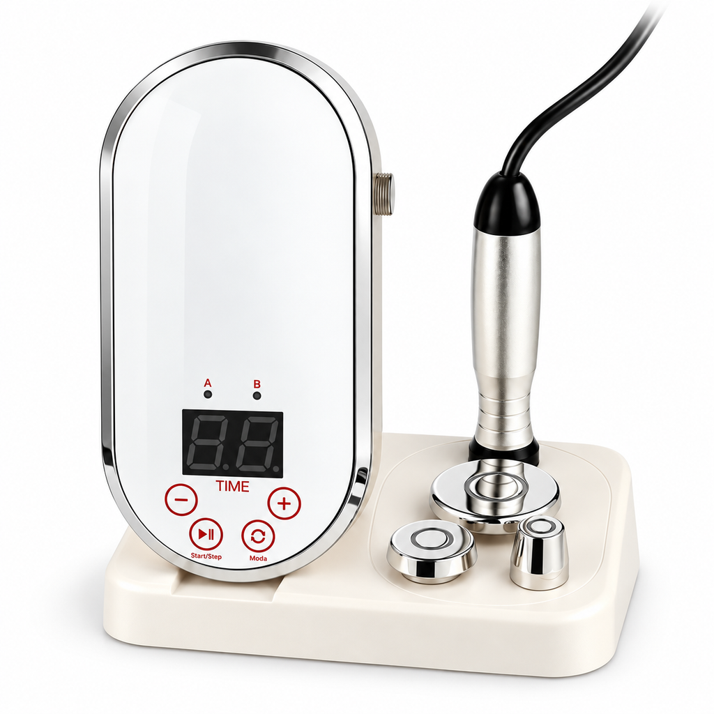 Litevisage P10 mirror-panel RF device with one handpiece and three contact heads on a white background.