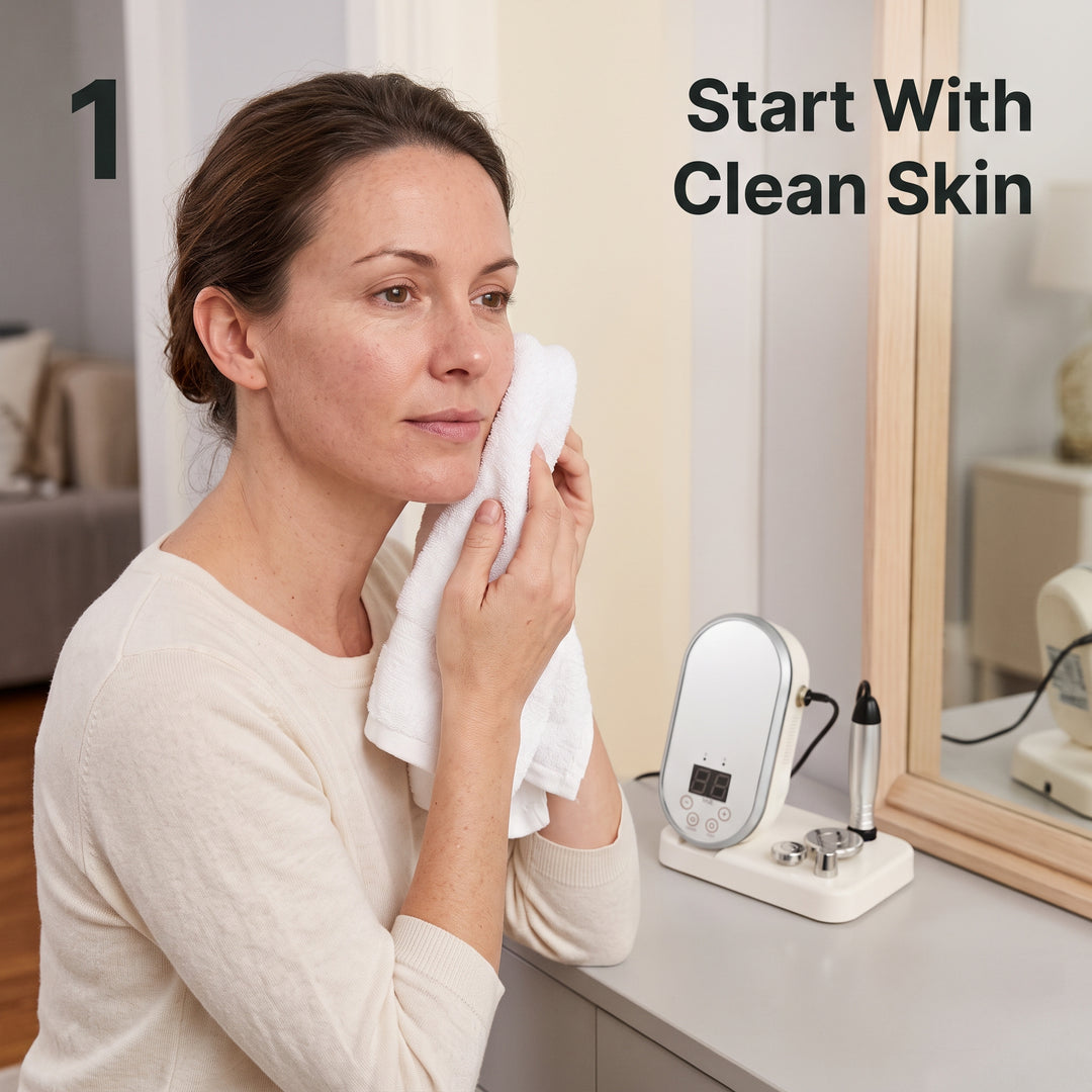 Woman gently patting her cheek with a clean towel before preparing the Litevisage facial routine.