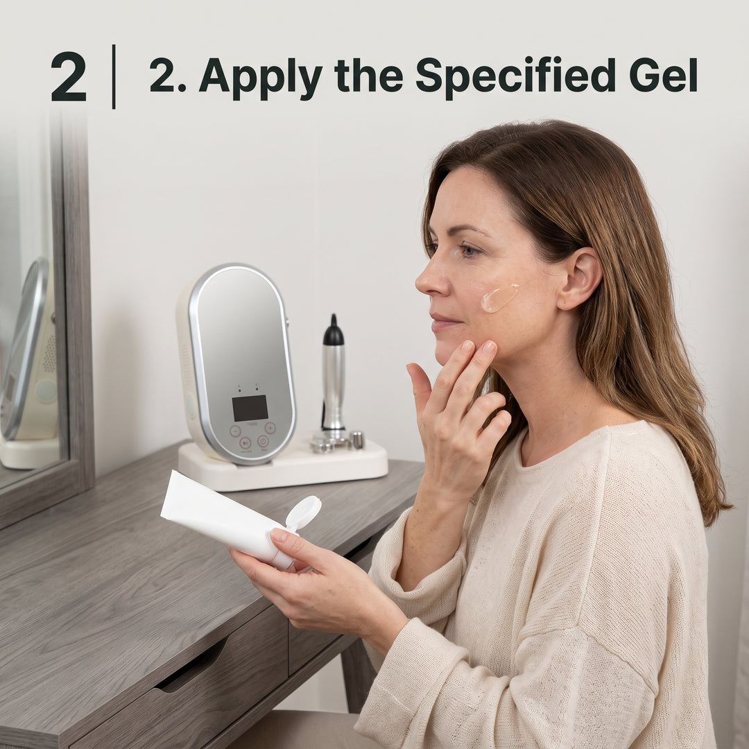 Woman applying conductive gel to her cheek before using the Litevisage facial RF head.