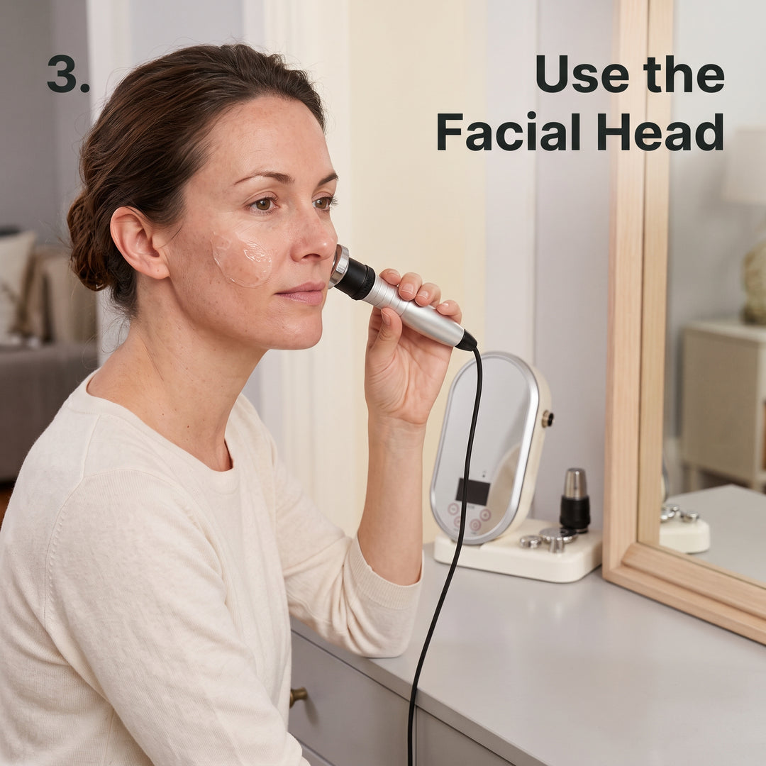 Woman holding the medium facial RF head near her cheek beside the Litevisage device.