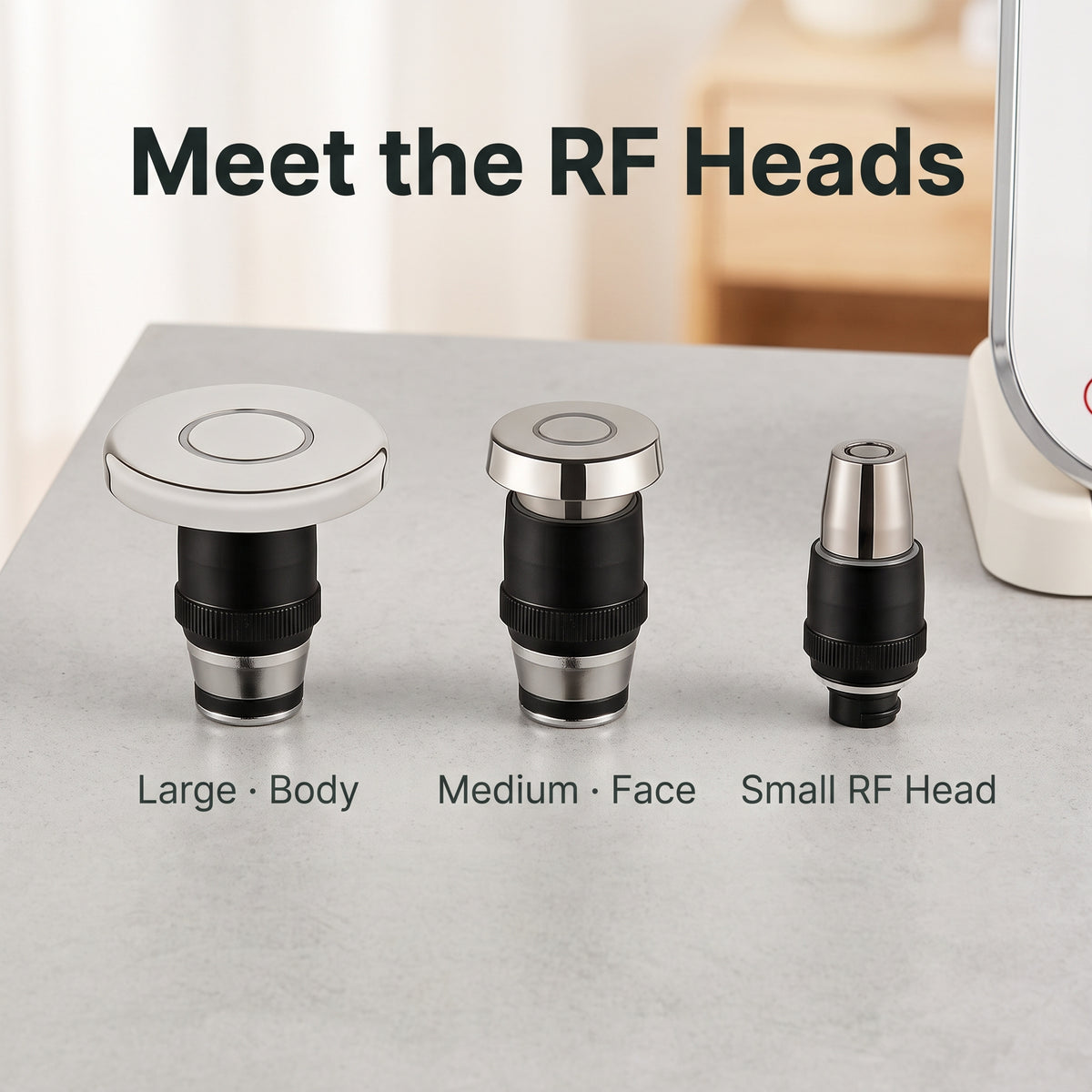 Large, medium and small RF contact heads arranged beside the Litevisage P10 handpiece on a light gray surface.